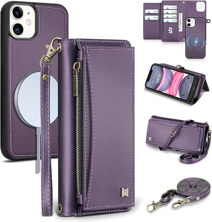 Wallet Case for iPhone 11 with Card Holder/Crossbody Wallet/Strap| RFID Blocking | Magnetic | Kickstand | Detachable | PU Leather Phone Case for iPhone 11,6.1 in,Purple
