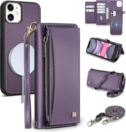 Wallet Case for iPhone 11 with Card Holder/Crossbody Wallet/Strap| RFID Blocking | Magnetic | Kickstand | Detachable | PU Leather Phone Case for iPhone 11,6.1 in,Purple