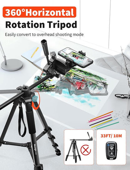 75" Phone Tripod Stand, Overhead Tripod for iPhone with Remote, Portable Horizontal Mount for Video, Live Streaming & Vlogging, Compatible with iPhone Camera