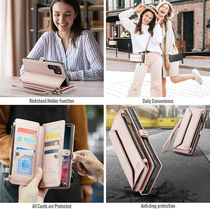 Strapurs Crossbody Wallet Case Compatible with Samsung Galaxy S22 Ultra 5G RFID Blocking 10-Card Holder Soft PU Leather Magnetic Snap Strap Zipper Pocket Phone Case Fit for Galaxy S22 Ultra - RoseGold