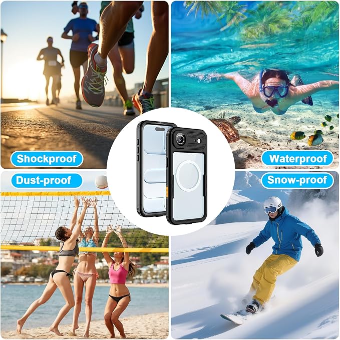 Waterproof Phone Case Compatible with iPhone 17 Air, IP68 Waterproof Shockproof Dust-Proof Phone Case with Built in Screen Protector, Full Body Protective Case (Black, 17 Air)