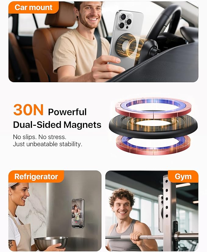 andobil [2026 3rd Gen] Magnetic Phone Grip for MagSafe [Sability Max] Stronger Two-Sided Magnet Cell Phone Ring Holder Compatible with MagSafe Accessories, iPhone 17 Pro Max Air 16 15 14 13 12, Black