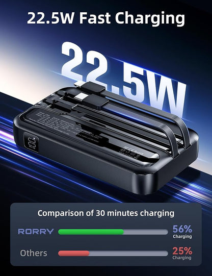 RORRY Portable Charger w/Wall Plug 10000mAh Power Bank 22.5W Battery Pack | Built in Cables, Fast Charging, for iPhone, iPad, Samsung Galaxy, Pixel, LG, Travel Essential, Digital Display, Pocket Size