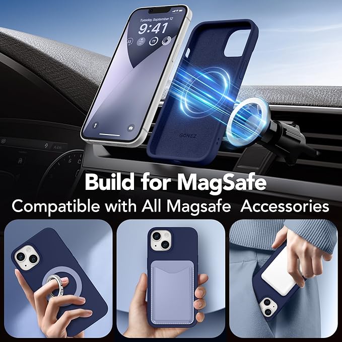GONEZ Magnetic for iPhone 14 Case, Compatible with Magsafe, with Screen Protector + Camera Protector, Anti-Scratch Microfiber Lining, Liquid Silicone Shockproof Protective Phone Case, Midnight Blue