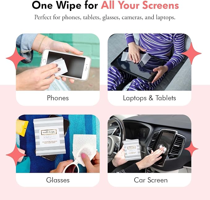Well-Kept Tech & Lens Wipes - Eyeglass, Screen & Phone Cleaning, Multi-Surface, Lint-Free, Pre Moistened, Streak-Free & Non Scratching - Hamptons, 6 Pack (90 Count)