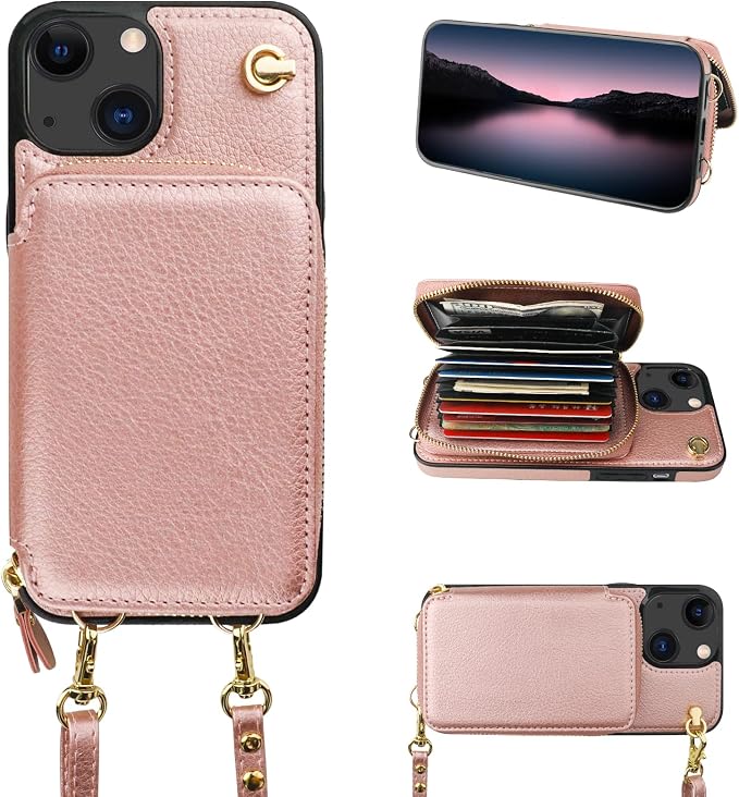 Bocasal Crossbody Wallet Case for iPhone 14/13, RFID Blocking Leather Purse Case with Card Holder, Protective Handbag Flip Cover with Zipper Wrist Strap Lanyard for Women 5G 6.1 Inch (Rose Gold)