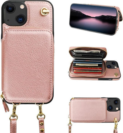 Bocasal Crossbody Wallet Case for iPhone 14/13, RFID Blocking Leather Purse Case with Card Holder, Protective Handbag Flip Cover with Zipper Wrist Strap Lanyard for Women 5G 6.1 Inch (Rose Gold)