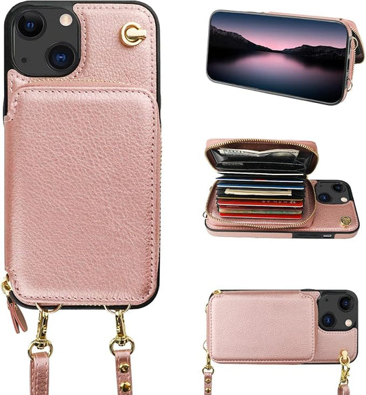 Bocasal Crossbody Wallet Case for iPhone 14/13, RFID Blocking Leather Purse Case with Card Holder, Protective Handbag Flip Cover with Zipper Wrist Strap Lanyard for Women 5G 6.1 Inch (Rose Gold)