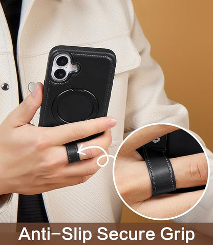 for iPhone 17 Leather Case with Stand, Anti-Slip Grip Ring, Fits for MagSafe (Black, iPhone 17)