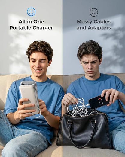 VEGER Portable Charger with Built-in AC Plug and Cables, All in One 10000mAh Ultra Slim Power Bank Travel Essentials, USB C External Battery Pack Compatible with iPhone, Samsung, More, Coffee