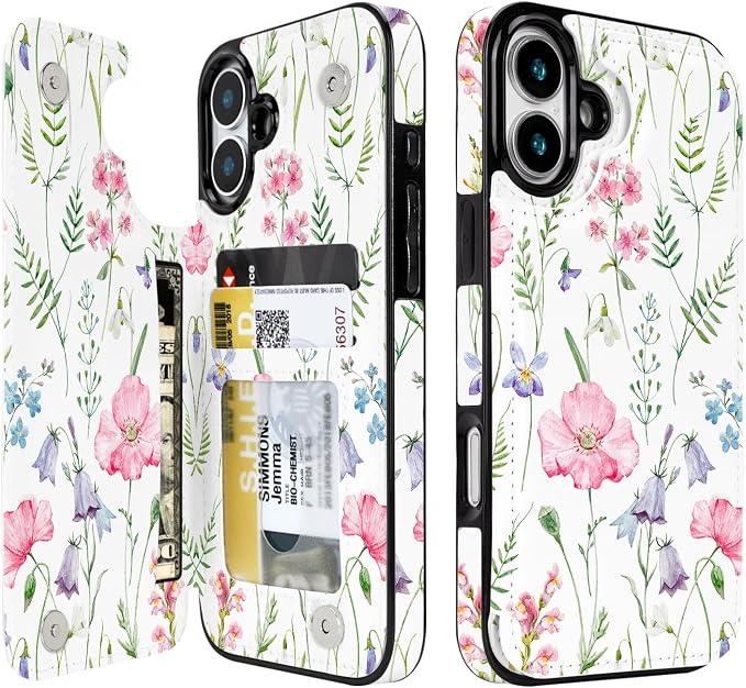 uCOLOR for iPhone 17 Wallet Case with Card Holder PU Leather RFID Blocking Design iPhone 17 flip case for Women Men Magnetic Clasp Kickstand Design 6.3 inch (Pink Flowers)