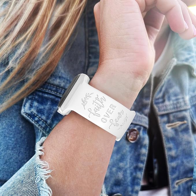 Faith Over Fear Watch Band compatible with Apple Watch Laser Engraved iWatch Band Silicone 38mm 40mm 41mm 42mm 44mm 45mm 49mm Strap Jesus Psalm Christian God (44/45/49mm M/L, White)