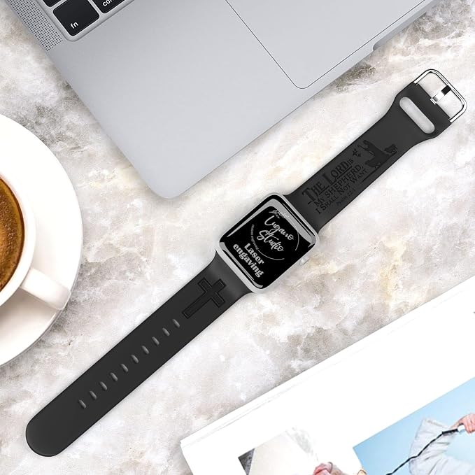 The LORD is my Shepherd Watch Band compatible with Apple Watch Laser Engraved iWatch Band Silicone 38mm 40mm 41mm 42mm 44mm 45mm 49mm Strap Jesus Psalm Christian God (42/44/45/49mm M/L, Black)