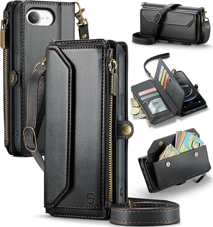 Strapurs Crossbody Wallet Case Compatible with iPhone 17e / iPhone 16e RFID Blocking 7-Card Holder PU Leather Magnetic Snap Shoulder Strap Zipper Pocket Phone Cases for iPhone 17e / 16e - Black