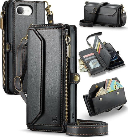 Strapurs Crossbody Wallet Case Compatible with iPhone 17e / iPhone 16e RFID Blocking 7-Card Holder PU Leather Magnetic Snap Shoulder Strap Zipper Pocket Phone Cases for iPhone 17e / 16e - Black
