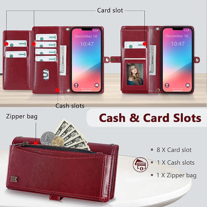Wallet Case for iPhone 13 Pro Max with Card Holder/Crossbody Wallet/Strap| RFID Blocking | Magnetic | Kickstand | Detachable | PU Leather Phone Case for iPhone 13 Pro Max,6.7 in,Wine Red