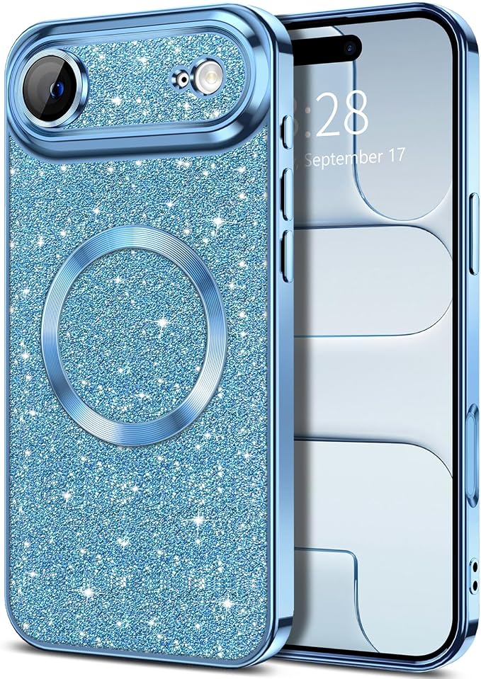 Hython for iPhone Air Case Glitter Clear Magnetic Phone Cases [Compatible with MagSafe] Full Camera Lens Protector Sparkle Luxury Plating Slim Shockproof Protective Cover Women, Light Blue