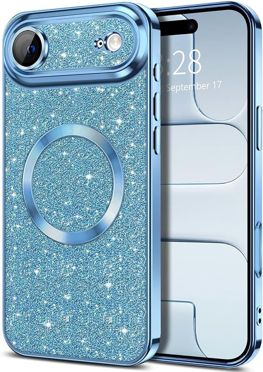 Hython for iPhone Air Case Glitter Clear Magnetic Phone Cases [Compatible with MagSafe] Full Camera Lens Protector Sparkle Luxury Plating Slim Shockproof Protective Cover Women, Light Blue