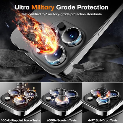 Camera Lens Protector for iPhone 17 Pro Max/17 Pro/16 Pro Max/16 Pro/15 Pro Max/15 Pro/14 Pro Max/14 Pro,Tempered Glass Metal Individual Camera Cover[Anti-drop] Case Friendly- Glitter Black