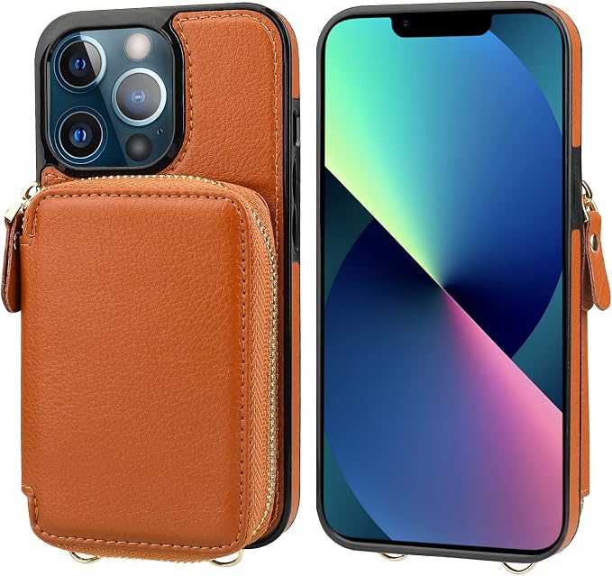 Bocasal RFID Blocking Wallet Case for iPhone 13 Pro, Adjustable Crossbody Zipper Purse Case Card Holder with Kickstand Detachable Wrist Strap, PU Leather Flip Folio Case 6.1 Inch 5G (Brown)