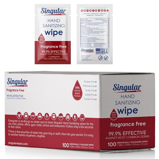 Hand Sanitizing Wipes Travel Size by Singular Wipes –100ct Individually Wrapped | Fragrance-Free, Moisturizing, 70% Isopropyl Alcohol Wipes | Travel, Home, Office, Daily Use