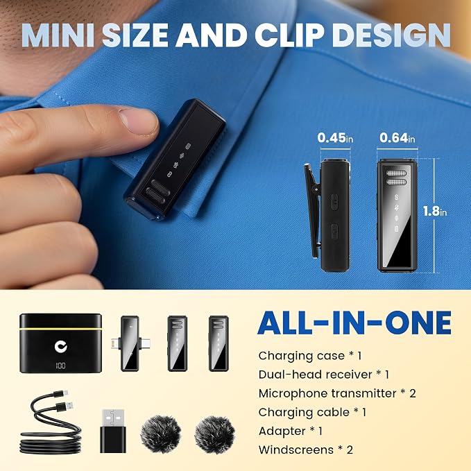 CAHAYA Microphone for iPhone Mic: YouTube Wireless Lavalier Microphone with Noise Cancelling & Charging Case 3-in1 USB-C/Lightning for PC iPhone Android 24H Battery for TikTok Vlog Studio Mic