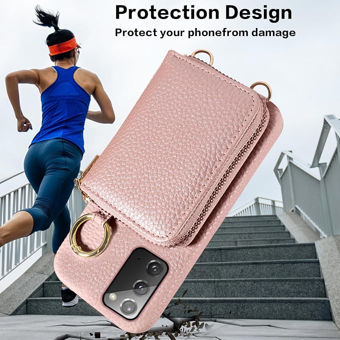Wallet Case for Samsung Galaxy Note 20 5G with Shoulder Strap Ring Buckle, PU Leather Flip Organ Purse, Card Holder Stand Phone Cover for Note20 Notes 20s Twenty Not S20 Women Men Rose Gold