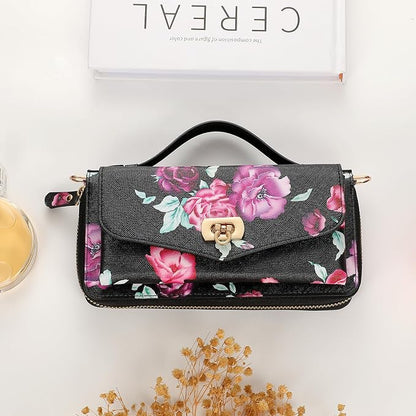 Crossbody Wallet Case for iPhone 16 Pro Max, Magnetic Detachable Floral PU Leather Phone Case with RFID Blocking Card Holder Wristlet Mirror Flip Zipper Shoulder Purse for Women - Black F