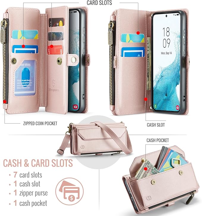 Strapurs Crossbody Wallet Case Compatible with Samsung Galaxy S22 5G RFID Blocking Card Holder Soft PU Leather Magnetic Snap Shoulder Strap Zipper Pocket Phone Case Fit for Galaxy S22 6.1" - Rose Gold