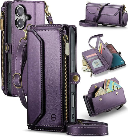 Strapurs Wallet Case Compatible with iPhone 16 6.1" RFID Blocking 7-Card Holder Soft PU Leather Magnetic Snap Shoulder Strap Zipper Pocket Phone Case Fit for iPhone 16 for Women - Purple