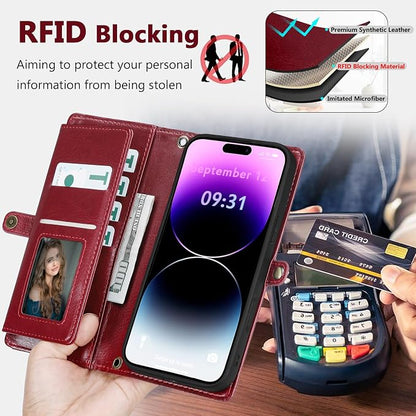 Wallet Case for iPhone 14 Pro with Card Holder/Crossbody Wallet/Strap| RFID Blocking | Magnetic | Kickstand | Detachable | PU Leather Phone Case for iPhone 14 Pro,6.1 in,Wine Red
