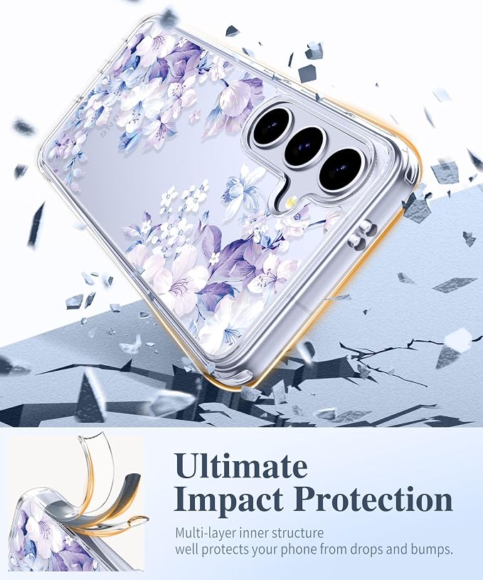 GVIEWIN for Samsung Galaxy S25 Case, Clear Floral Slim Shockproof Protective Women Phone Case, Non-Yellowing, with Screen Protector & Camera Lens Protector for Galaxy S25 6.2", Foliolosa/Blue