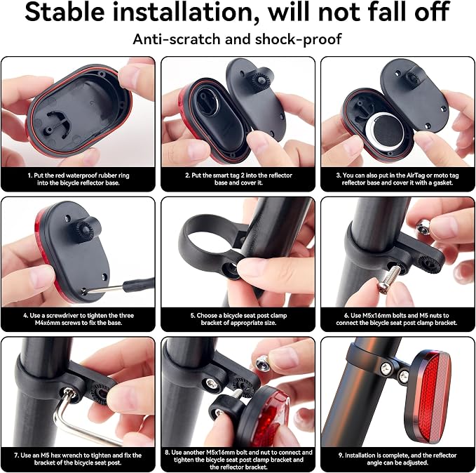 Upgraded Bike Mount for Samsung Smart Tag 2 & Moto Tag & for AirTag Holder Hidden - Waterproof Anti-Theft Bike Reflectors GPS Tracker Case with Screws & Tools, for Mountain Bikes/Scooter/E-Bicycle