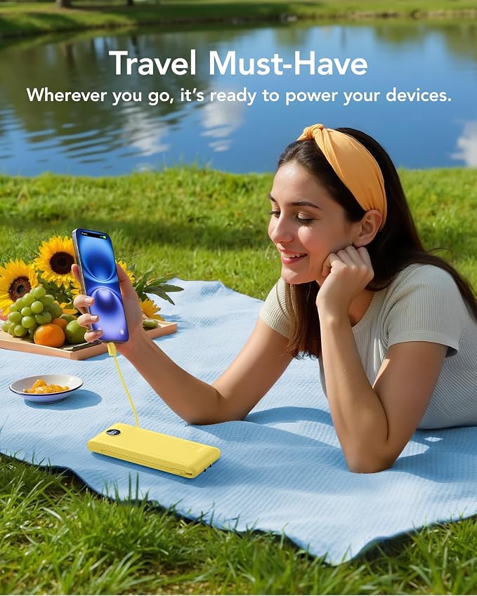 VRURC Portable Charger Power Bank - 10000mAh Fast Charging 22.5W PD 20W Slim Portable Charger Built in Cables Power Bank with Cords,USB C Portable Phone Charger Travel Accessories -Yellow
