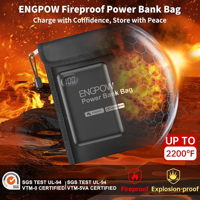 ENGPOW Fireproof Organizer Travel Bag, Heat Insulated＆Explosion-Proof Electronic Carry Case, Portable Home Travel Safe Storage for Power Bank,Phone,Cables,USB Drive and Charging Protection, 9''x7''