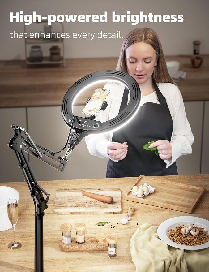 Ring Light Overhead Phone Mount,14'' LED Ring Light with Stand and Phone Holder,CRI Max 96 Professional for Video Recording,Live Streaming,Cooking and Content Creation(66.9High)