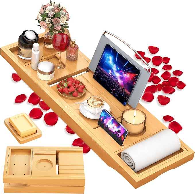 Foldable Bathtub Caddy Tray, Bamboo Bath Tub Tray Table for Tub with Wine Glass Holder Book Phone Tablet Holder with Extending Sides, Adjustable Bathroom Bathtub Free Soap Holder Gift Idea (Beige)