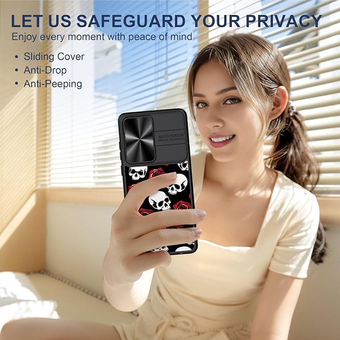 for Motorola Moto G Stylus 5G 2024 Case with Red Rose Skull, Metal Slide Camera Cover, Screen Protector, Anti-Peeping Privacy Safeguard, Camera Lens Protector Phone Case for Moto G Stylus 5G 2024