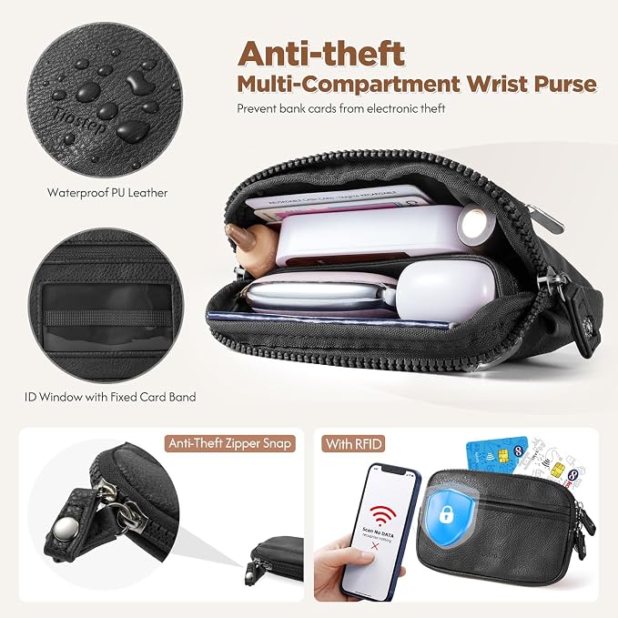 Tiostep Clip and Go Strap for Phone with Wallet Crossbody Phone Lanyard Adjustable and Anti-Theft Leather Purse with RFID Zipper Pouch for Travel Daily Life. Black Medium