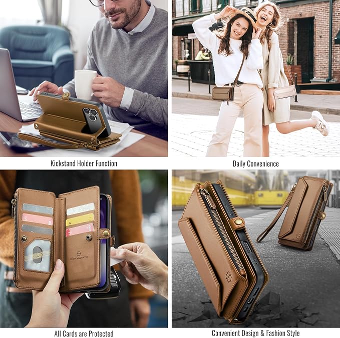 Strapurs Wallet Case Compatible with iPhone 17 Pro 6.3" RFID Blocking 9-Card Holder Soft PU Leather Magnetic Snap Shoulder Strap Zipper Pocket Phone Case Fit for iPhone 17 Pro for Women - Brown