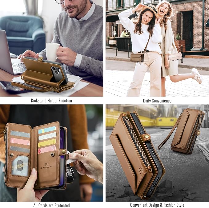 Strapurs Wallet Case Compatible with iPhone 17 Pro Max 6.9" RFID Blocking 10-Card Holder Soft PU Leather Magnetic Snap Shoulder Strap Zipper Pocket Phone Case Fit for iPhone 17 Pro Max - Brown