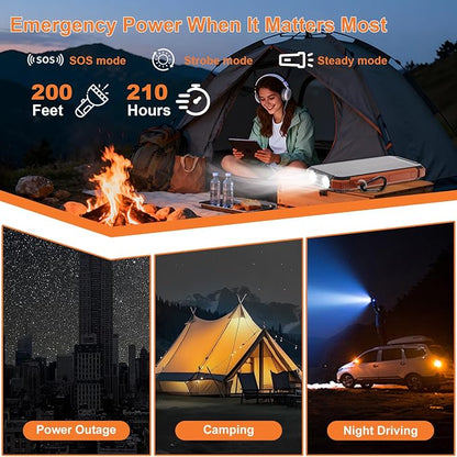 Solar Charger Power Bank 20000mAh, Wireless Fast Charging Battery Pack with 3 Built-in Cables & USB-C Input, Dual LED Flashlights, Portable Phone Charger for Camping, Travel & Emergency Use (Orange)