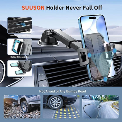 Upgraded 3-in-1 Car Phone Holder Mount [Powerful Suction] Phone Mount for Car Dashboard Air Vent Windshield,for All iPhone Android Phone, Dark Black