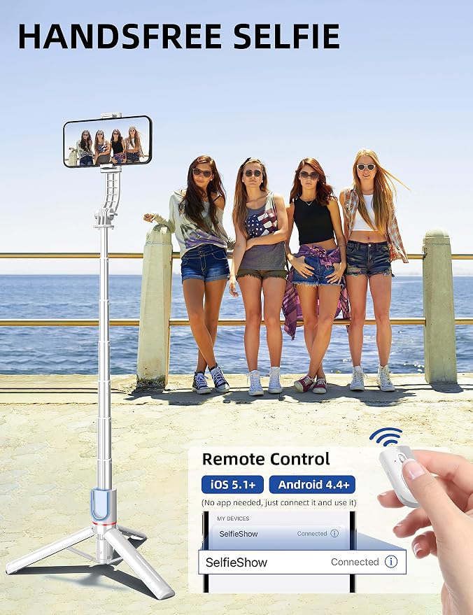 SelfieShow Phone Tripod & Selfie Stick, 41" Extendable Travel Tripod Stand with Detachable Remote, 360 Rotation, Compatible with iPhone/Samsung/GoPro & More (White)