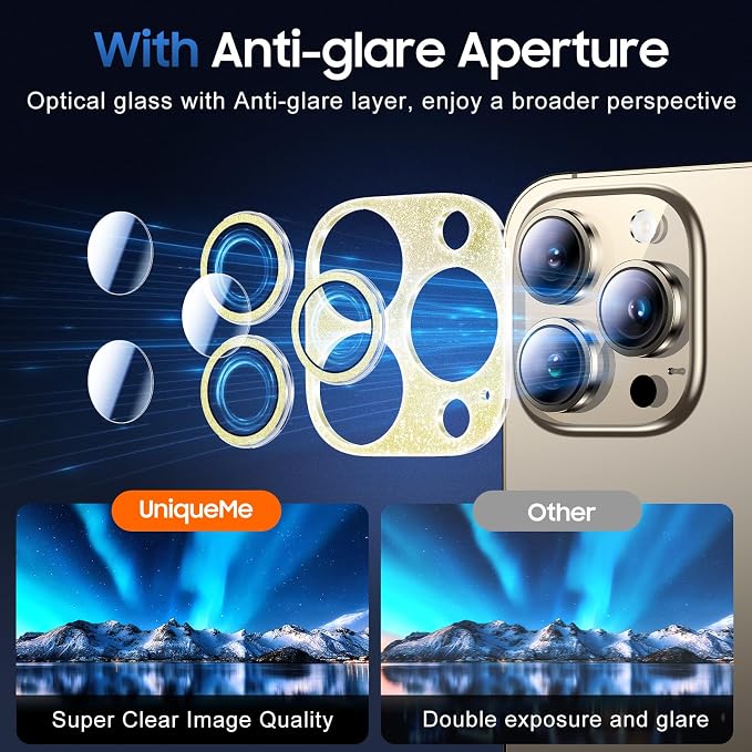 UniqueMe 3 Packs Compatible for iPhone 14 Pro Max/iPhone 14 Pro Camera Lens Protector Acrylic [Not Glass],[Case Friendly][Scratch-Resistant][Night Shooting Mode]-Glitter Golden