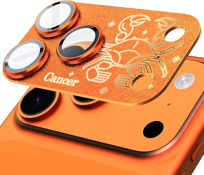 Compatible for iPhone 17 Pro Camera Lens Protector, Cancer Pattern, Drop Protection, Anti Scratch Full-Coverage, AR 360-Degree Protection, Camera Transmfttance HD, Easy Installation, Orange