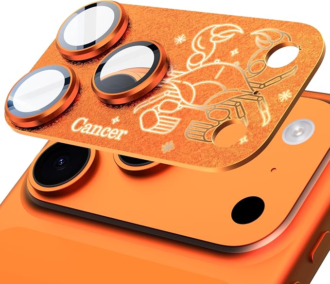 Compatible for iPhone 17 Pro Max Camera Lens Protector, Cancer Pattern, Drop Protection, Anti Scratch Full-Coverage, AR 360-Degree Protection, Camera Transmfttance HD, Easy Installation, Orange