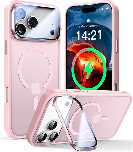 [Upgraded Full Camera Protection] for iPhone 17 Pro Case with Camera Cover Stand [Fit for MagSafe][10FT Mil-Grade Protection] Translucent Magnetic iPhone 17 Pro Phone Case, Pink