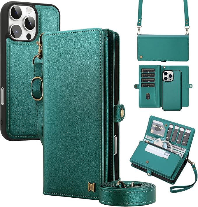 for Wallet Case Compatible with iPhone 15 Pro Max,Multi-Function Detachable 2 in 1 Magnetic iPhone 15 Pro Max Case Wallet,Flip Strap Zipper Card Holder Phone Case with Shoulder Straps (Green)