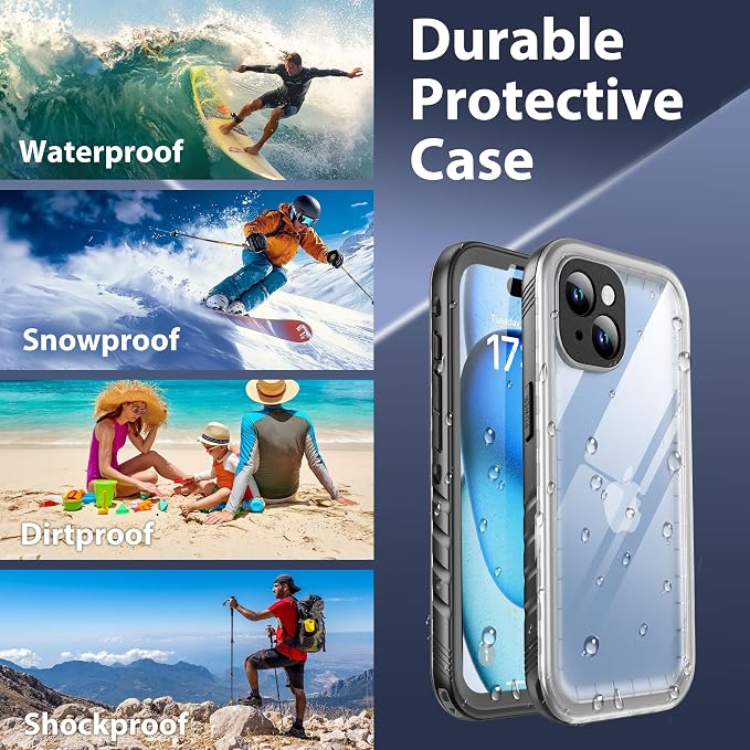 SPORTLINK for iPhone 15 Waterproof Case - Built in Screen & Camera Protector, Full Body/Military Dropproof/Dustproof/Heavy Duty, 360/IP68 Underwater for iPhone 15 Case 6.1 inch Black/Frosted Clear